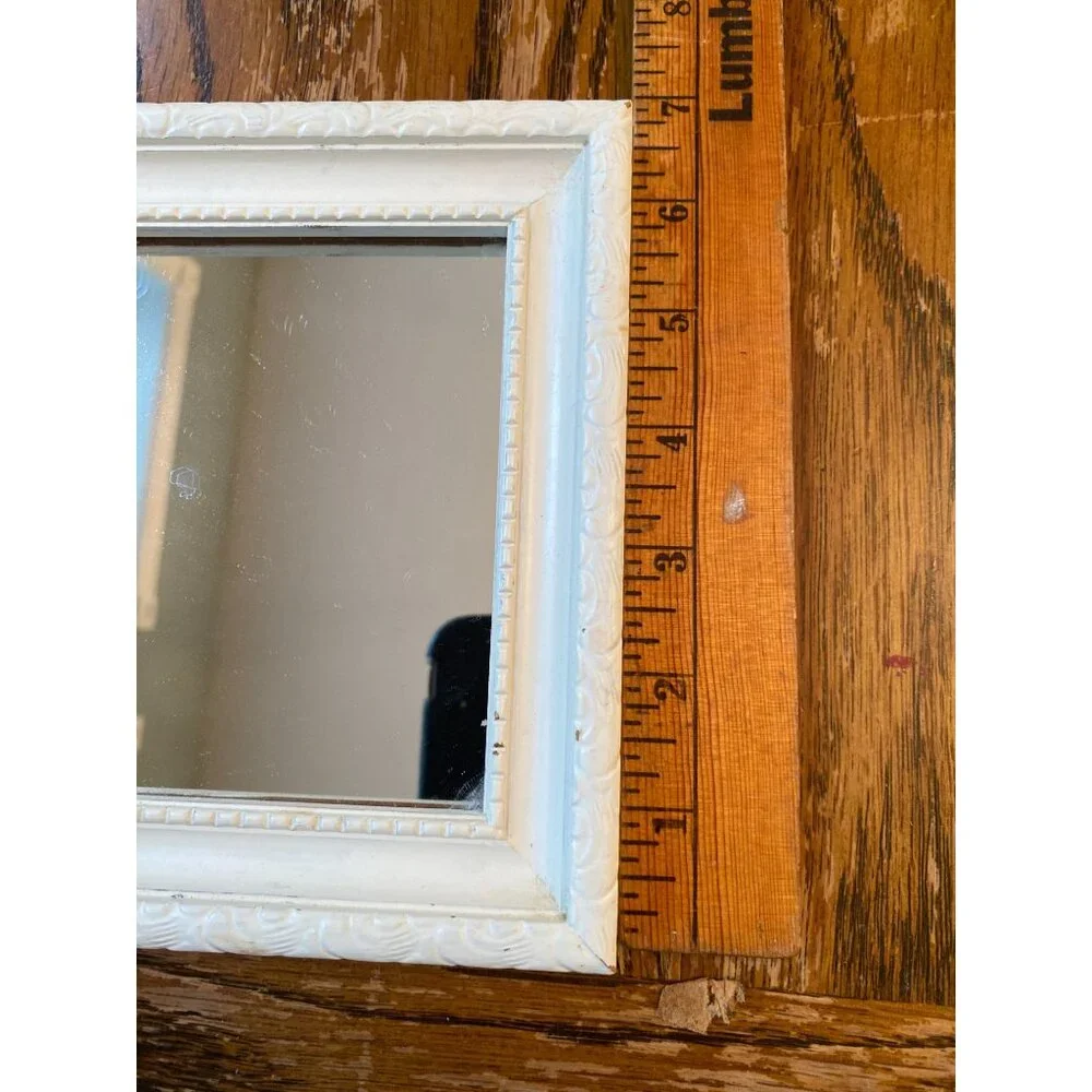Small Vintage White Ornate Rectangular Mirror With Decorative Frame